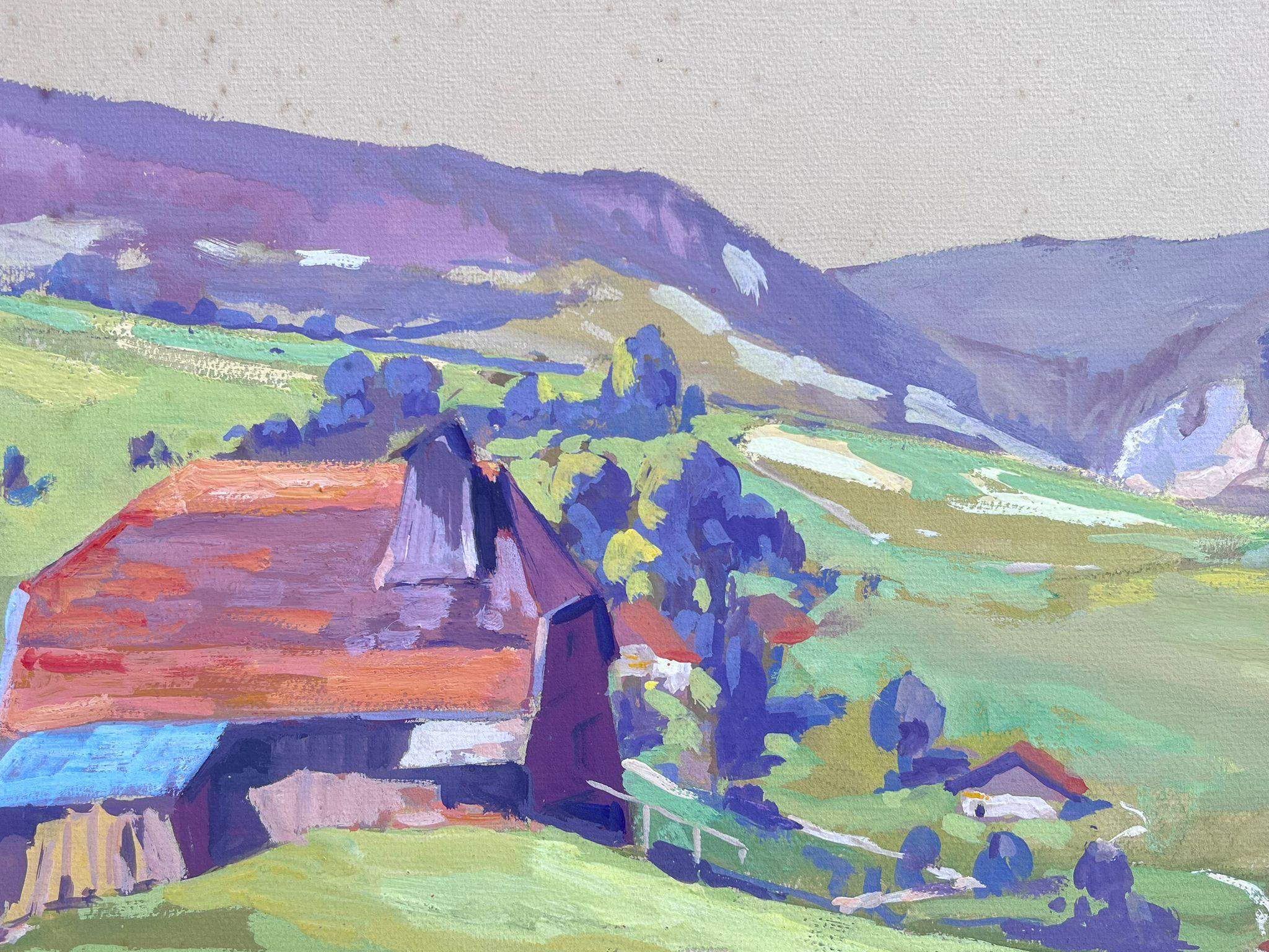 Peinture à l'huile française vintage d'une maison violet fluo dans un paysage ouvert vert vif - Impressionnisme Painting par Leon Hatot