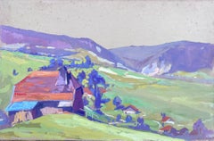 Peinture à l'huile française vintage d'une maison violet fluo dans un paysage ouvert vert vif