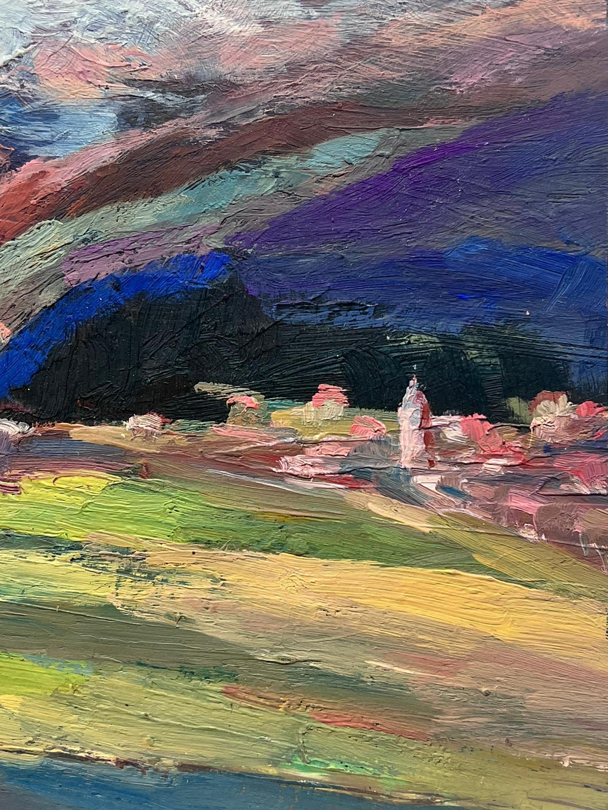 Peinture à l'huile française vintage d'un paysage de croix et de collines violettes - Impressionnisme Painting par Leon Hatot
