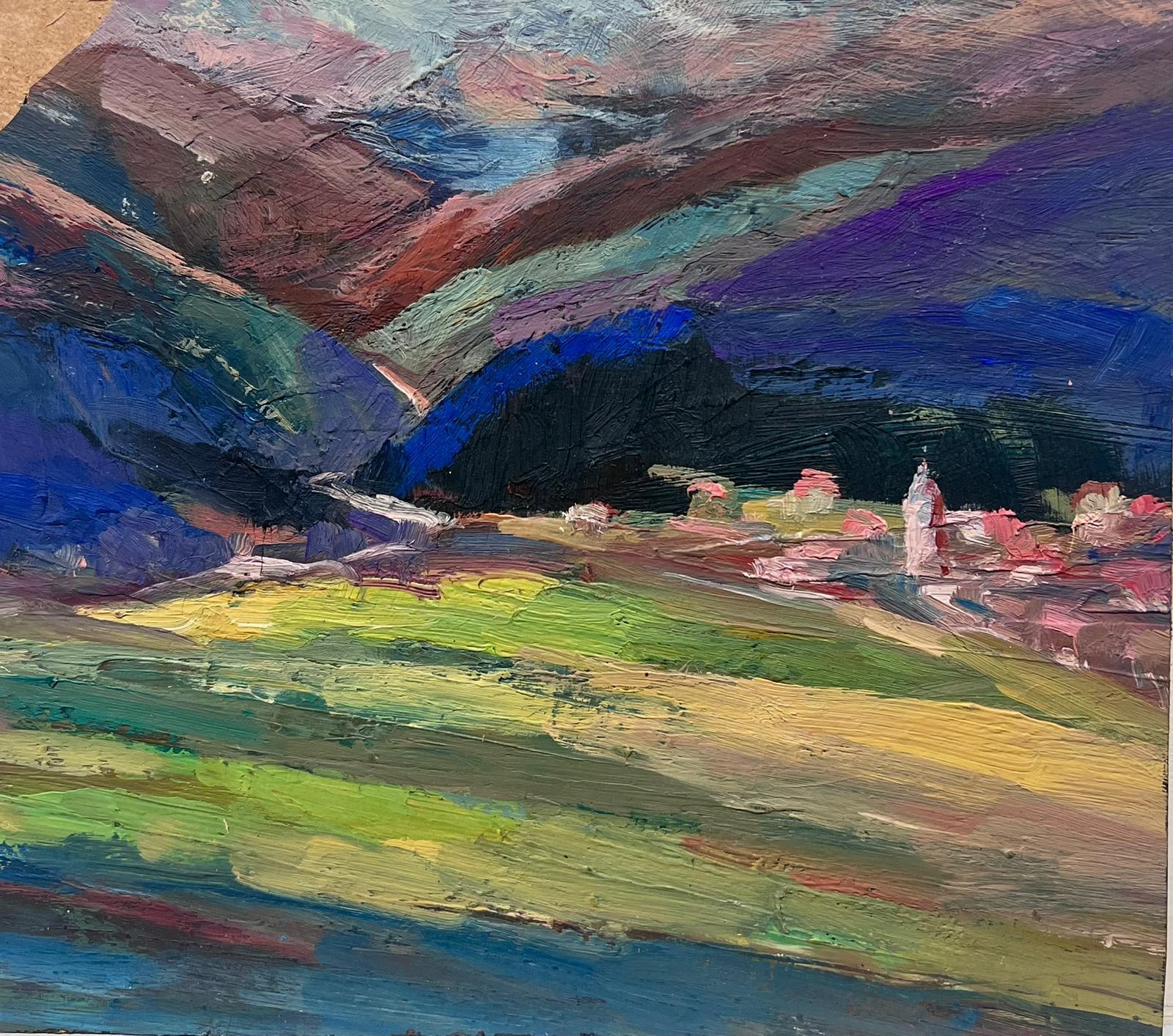 Landscape Painting Leon Hatot - Peinture à l'huile française vintage d'un paysage de croix et de collines violettes