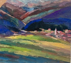 Peinture à l'huile française vintage d'un paysage de croix et de collines violettes
