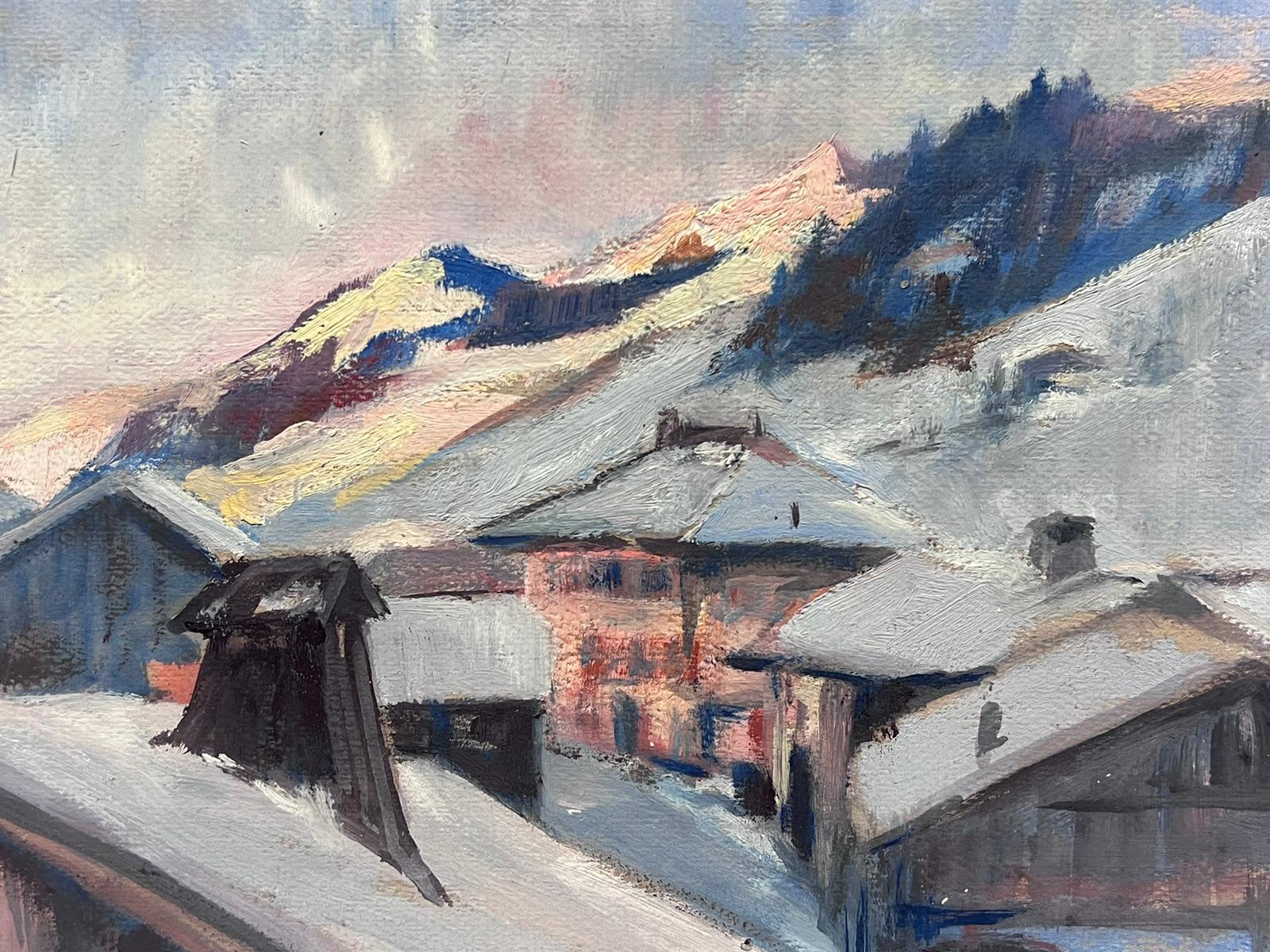 Vintage French Oil Painting Of Ski Chalets In The Snowy French Alps - Gray Landscape Painting by Leon Hatot
