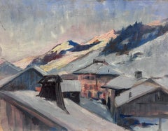 Vintage French Oil Painting Of Ski Chalets In The Snowy French Alps