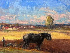 Französisches Vintage-Ölgemälde mit zwei schwarzen Pferden, Bauernhof auf blauem Skifeld