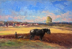 Antique French Oil Painting Of Two Black Horses Farming In Blue Skied Field
