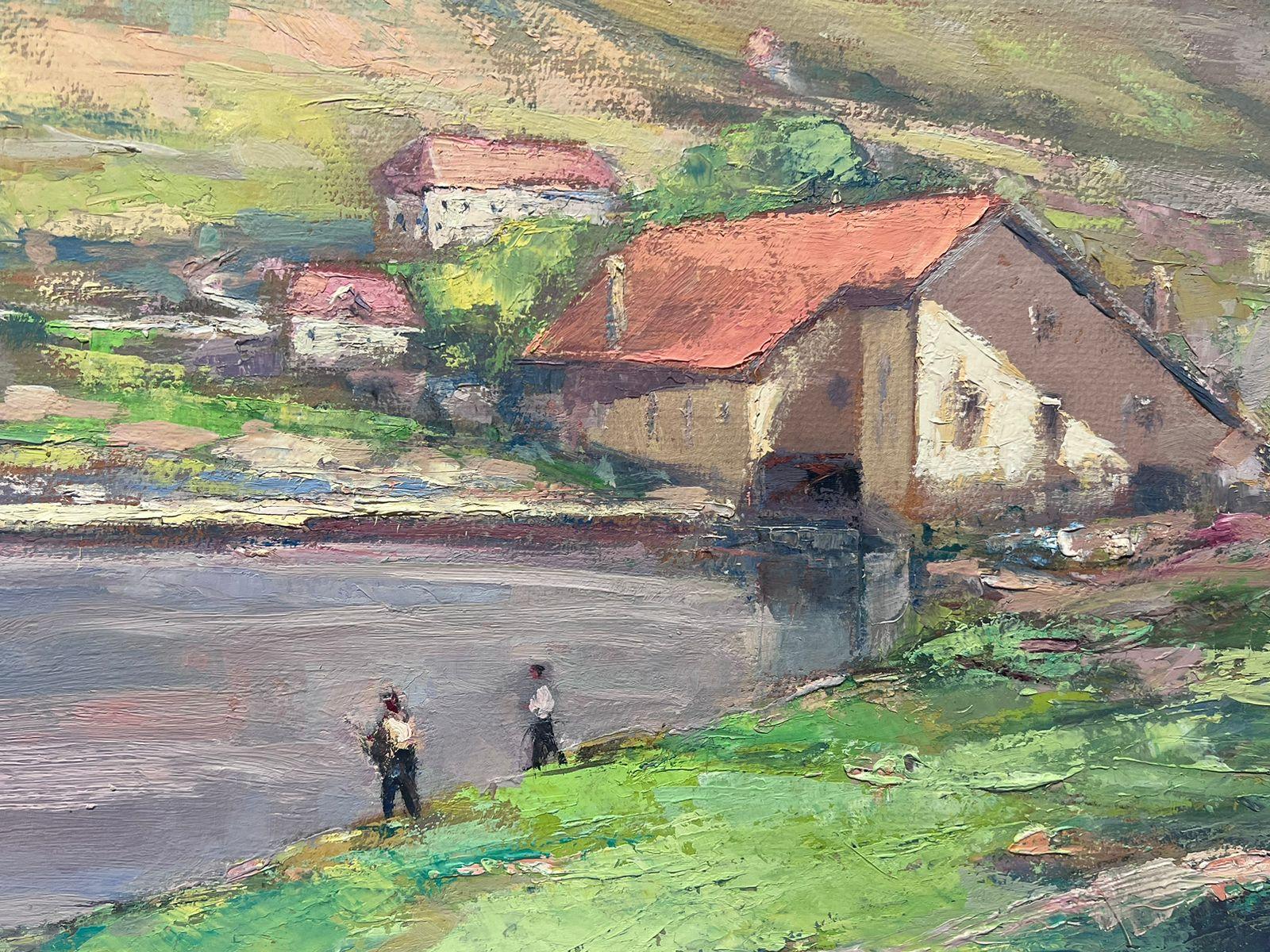 Vintage French Oil Painting Of Two People Fishing In Grey Summer Day Lake - Gray Landscape Painting by Leon Hatot