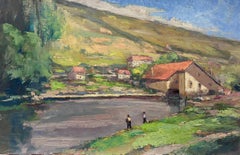 Peinture à l'huile française ancienne représentant deux personnes pêchent dans un lac d'été gris