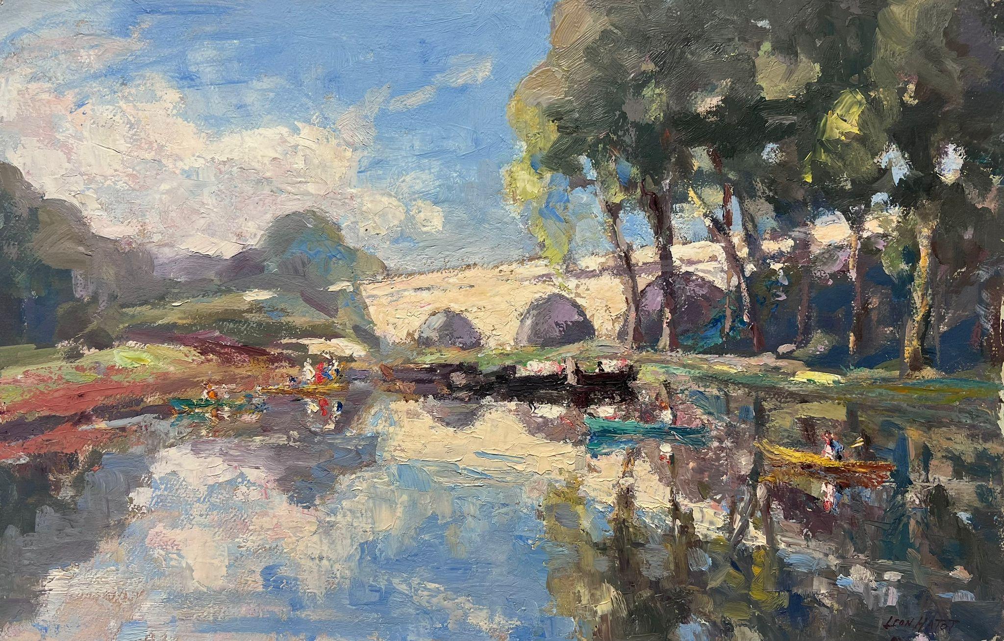 Leon Hatot Landscape Painting - Vintage French Impressionist Oil Painting Stone Bridge Over Busy Rowing Lake