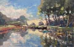 Used French Impressionist Oil Painting Stone Bridge Over Busy Rowing Lake