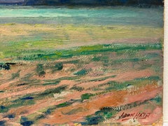 Vintage French Oil Painting Pink Sunset Over Horse and Farmers In Field