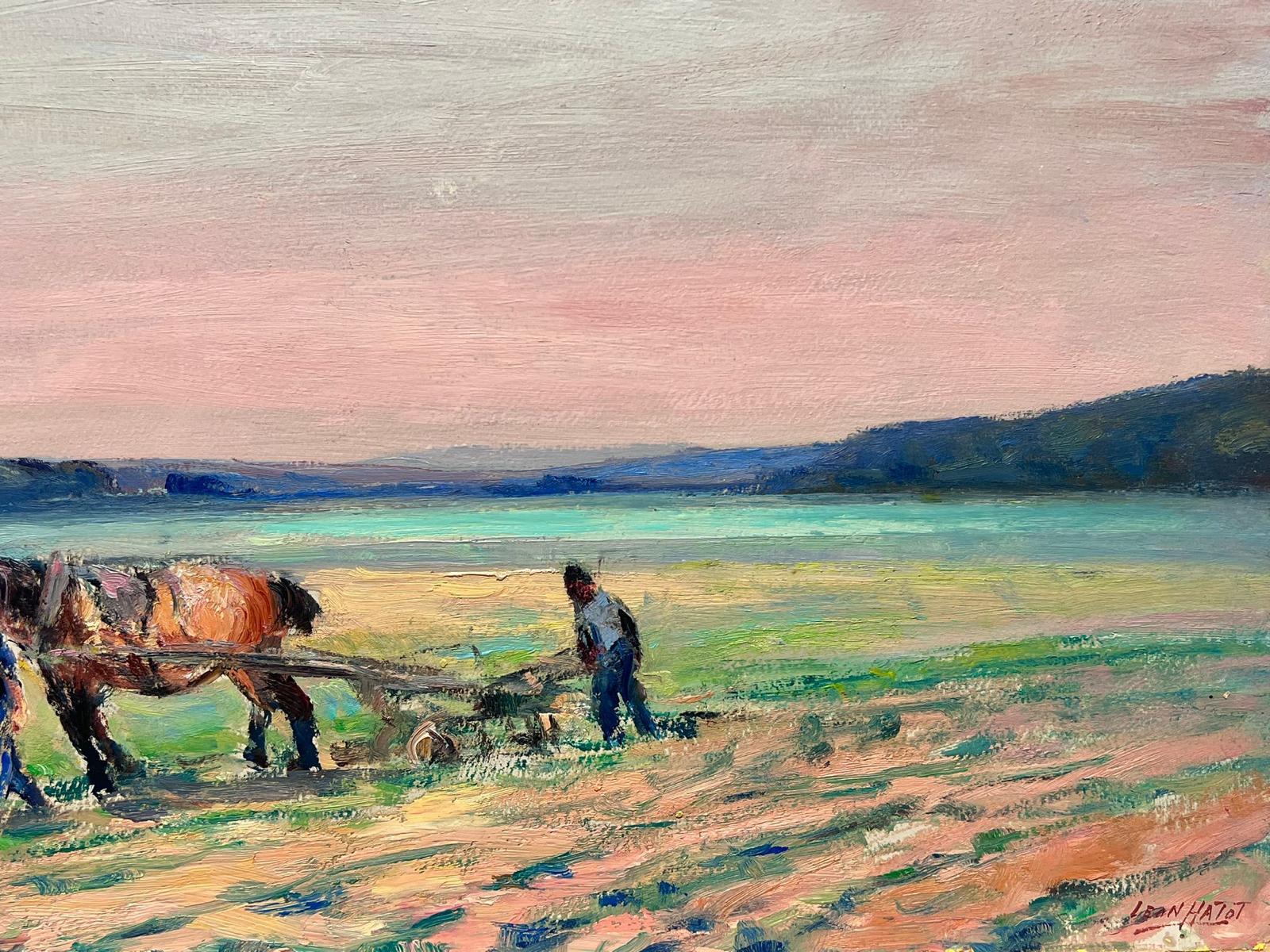 Vintage French Oil Painting Pink Sunset Over Horse and Farmers In Field For Sale 1