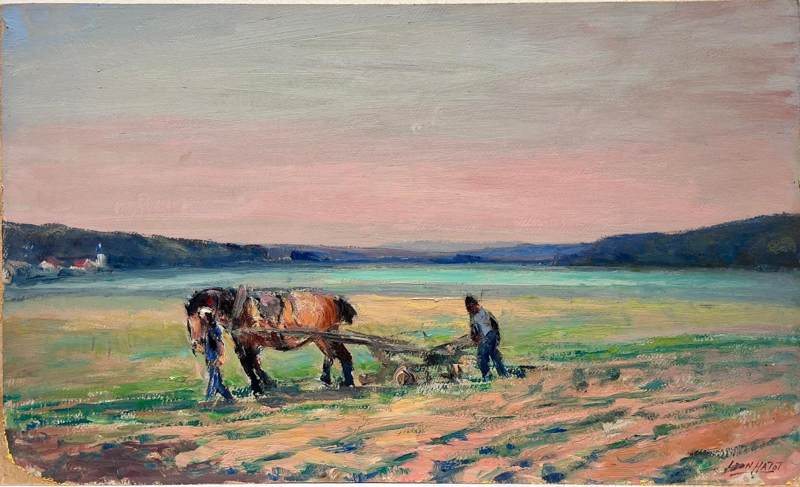 Leon Hatot Animal Painting - Vintage French Oil Painting Pink Sunset Over Horse and Farmers In Field