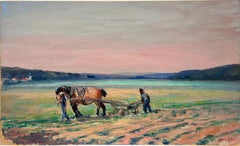 Peinture à l'huile française d'époque Coucher de soleil rose sur cheval et fermiers dans un champ