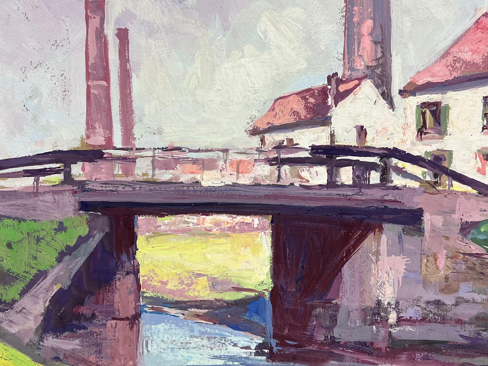 Peinture à l'huile française d'un pont violet par une centrale électrique - Impressionnisme Painting par Leon Hatot