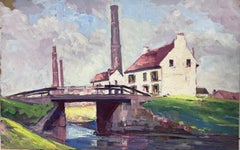 Peinture à l'huile française d'un pont violet par une centrale électrique