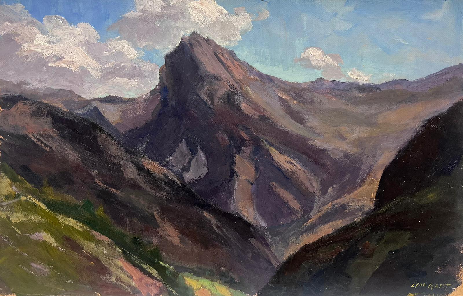 Landscape Painting Leon Hatot - Peinture à l'huile française millésimée Paysage de montagnes françaises mauves