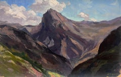 Peinture à l'huile française millésimée Paysage de montagnes françaises mauves