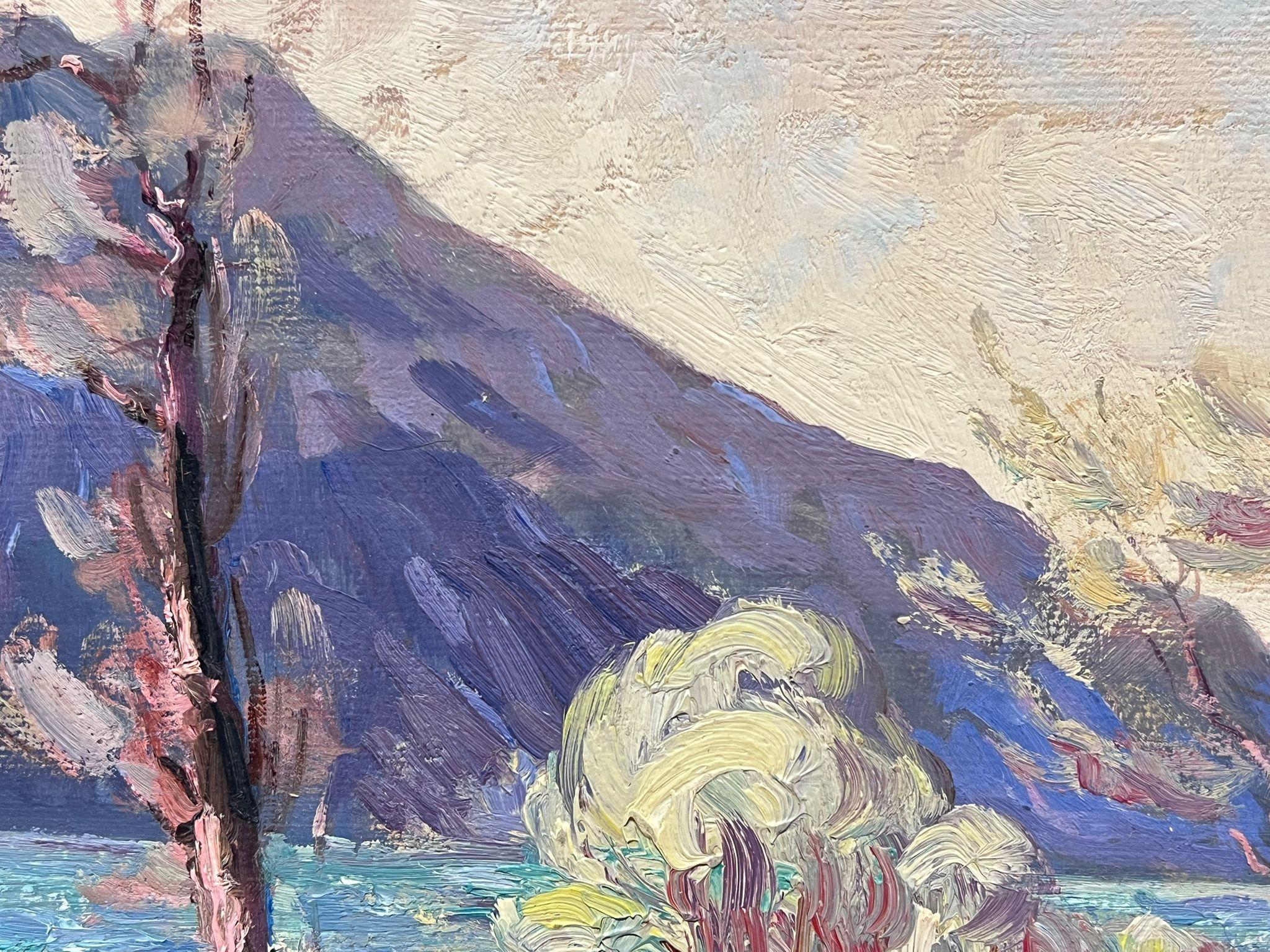 Peinture à l'huile française vintage Paysage de montagne violet Arbres balayés par le vent - Painting de Leon Hatot