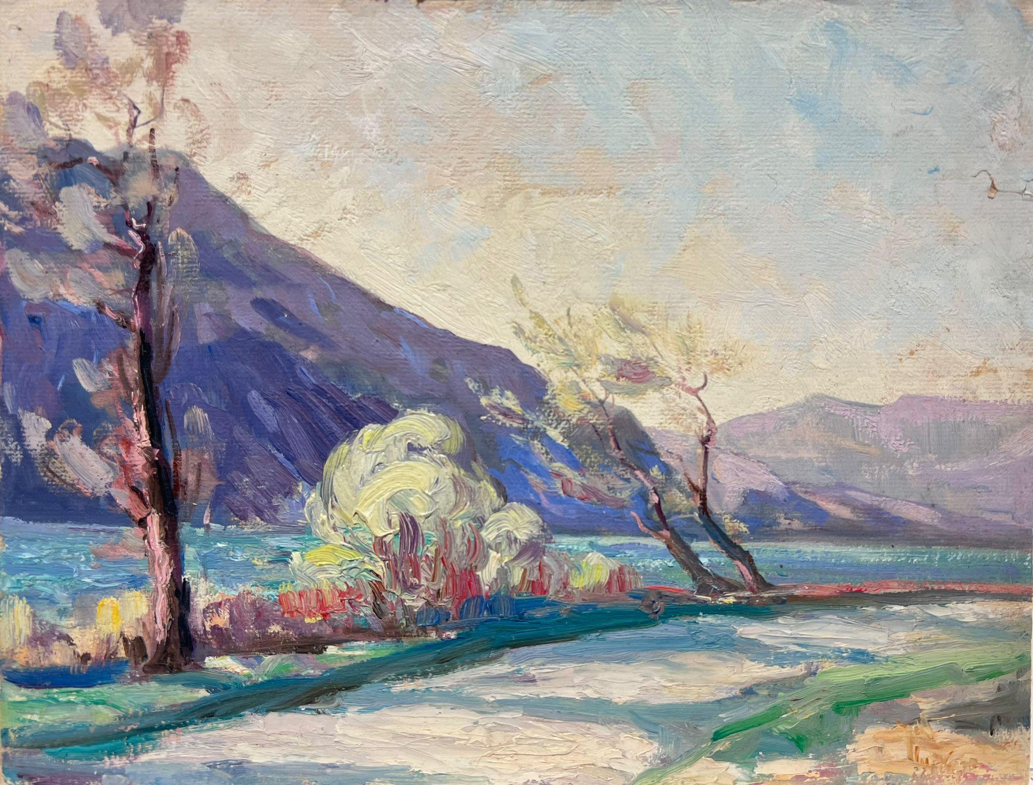 Landscape Painting Leon Hatot - Peinture à l'huile française vintage Paysage de montagne violet Arbres balayés par le vent