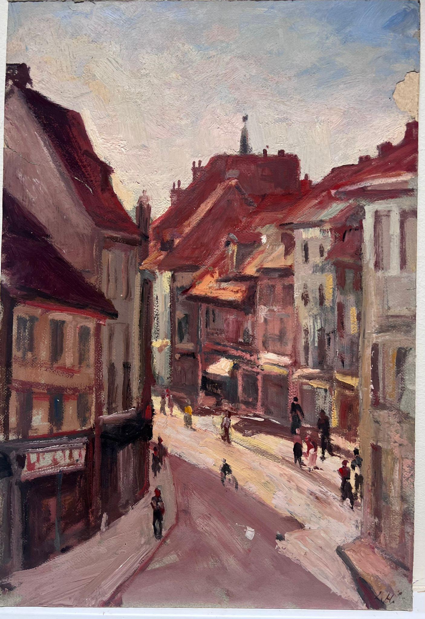 Peinture à l'huile française vintage - Paysage de ville rouge avec personnages  - Painting de Leon Hatot