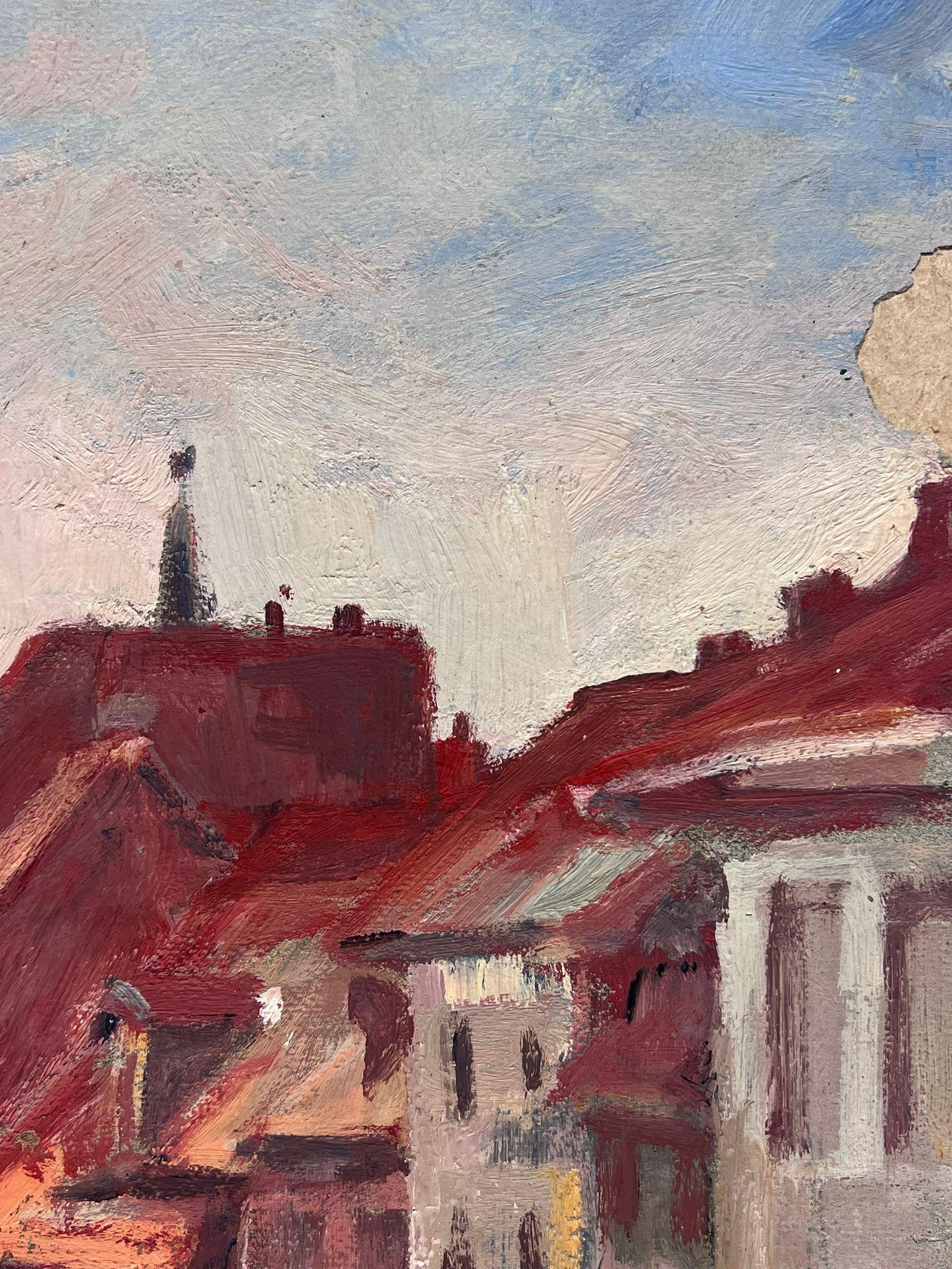 Peinture à l'huile française vintage - Paysage de ville rouge avec personnages  en vente 1