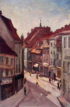 Peinture à l'huile française vintage - Paysage de ville rouge avec personnages 