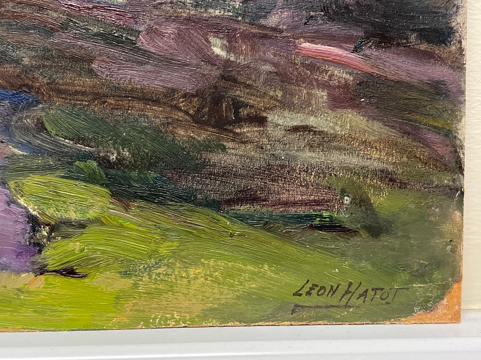 Peinture à l'huile française vintage Paysage des montagnes Rocheuses avec rivière violette - Painting de Leon Hatot