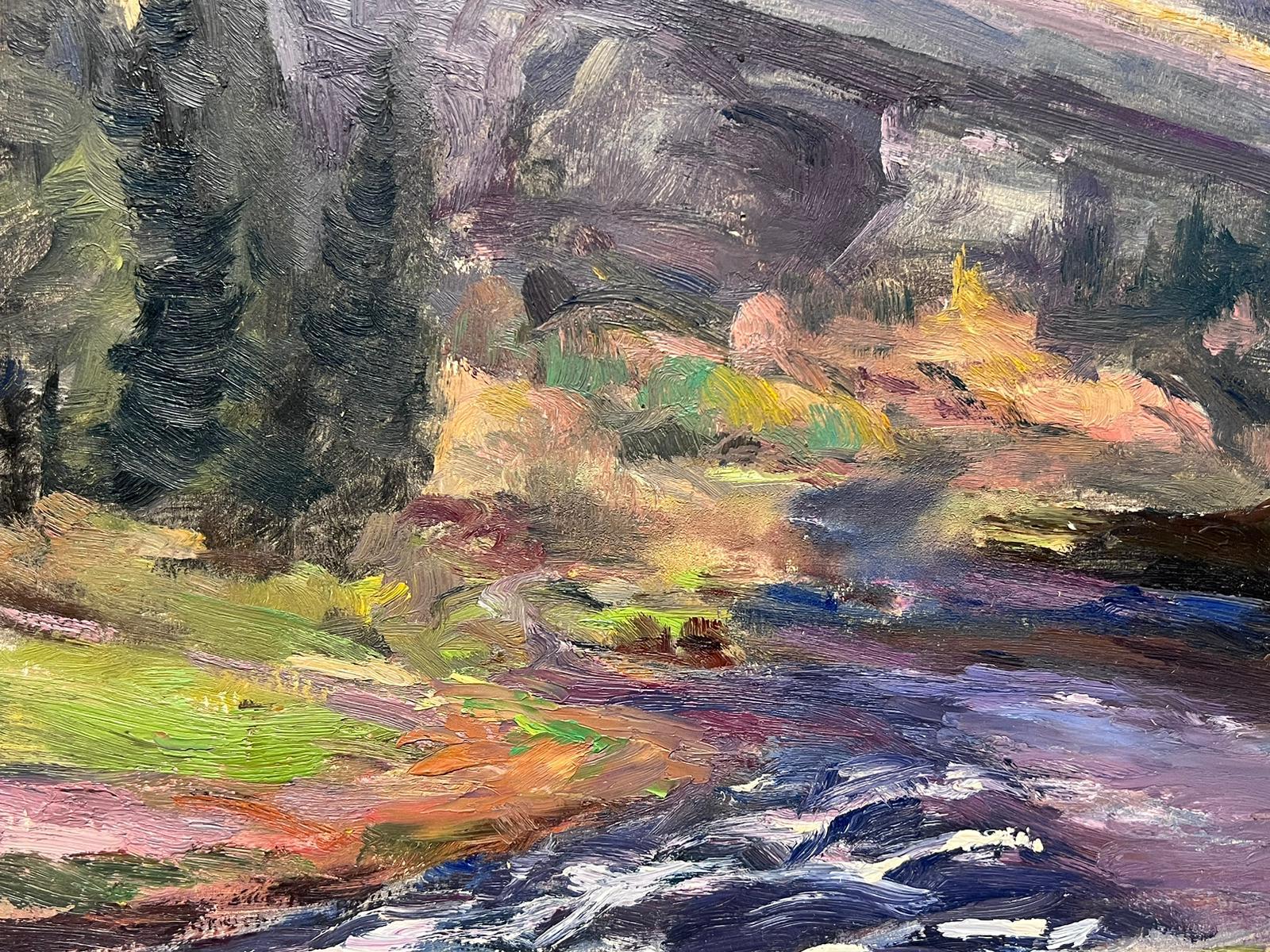 Peinture à l'huile française vintage Paysage des montagnes Rocheuses avec rivière violette - Impressionnisme Painting par Leon Hatot