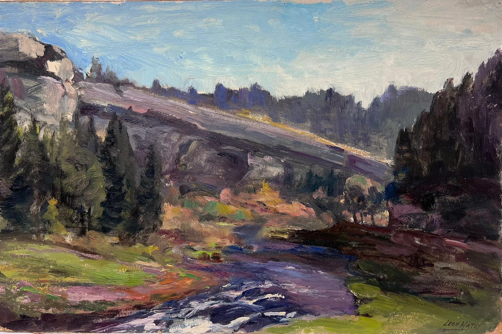 Landscape Painting Leon Hatot - Peinture à l'huile française vintage Paysage des montagnes Rocheuses avec rivière violette