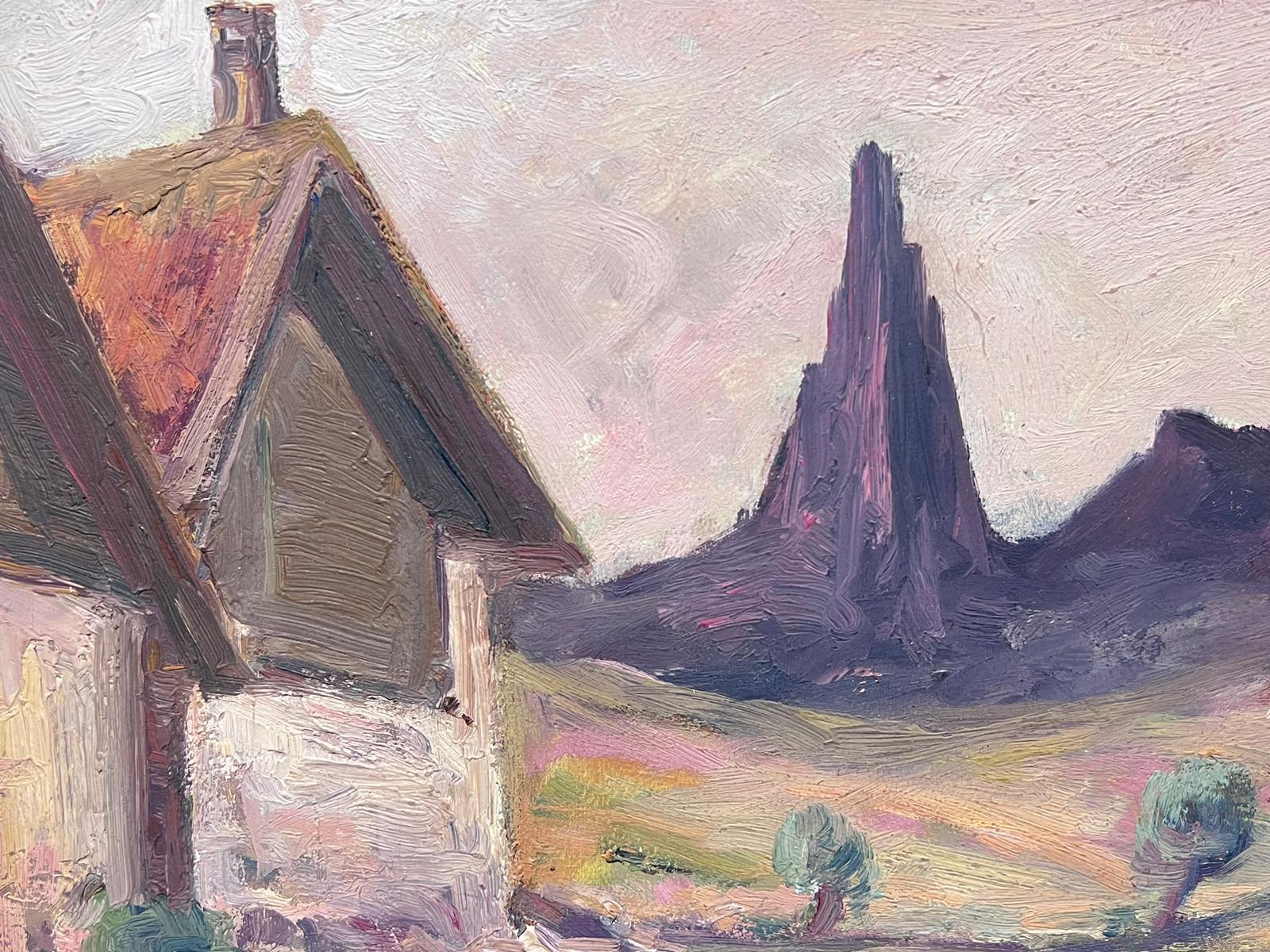 Vintage French Oil Painting Small Village Landscape Purple Mountain For Sale 2