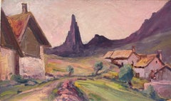 Antique French Oil Painting Small Village Landscape Purple Mountain