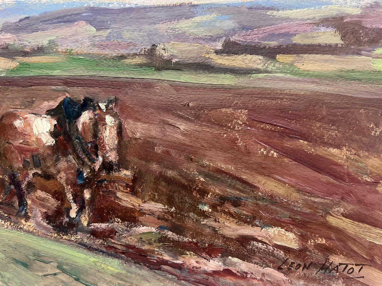 Vintage French Oil Painting Three Horses Pulling Man Through Ploughing Field  For Sale 2