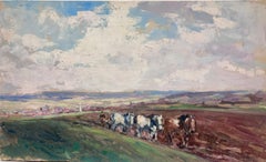 Peinture à l'huile française d'époque Trois chevaux tirant un homme dans un champ de labour 