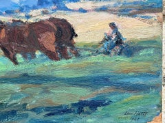 Vintage French Oil Painting Two Brown Horses Towing Farmer On Roller