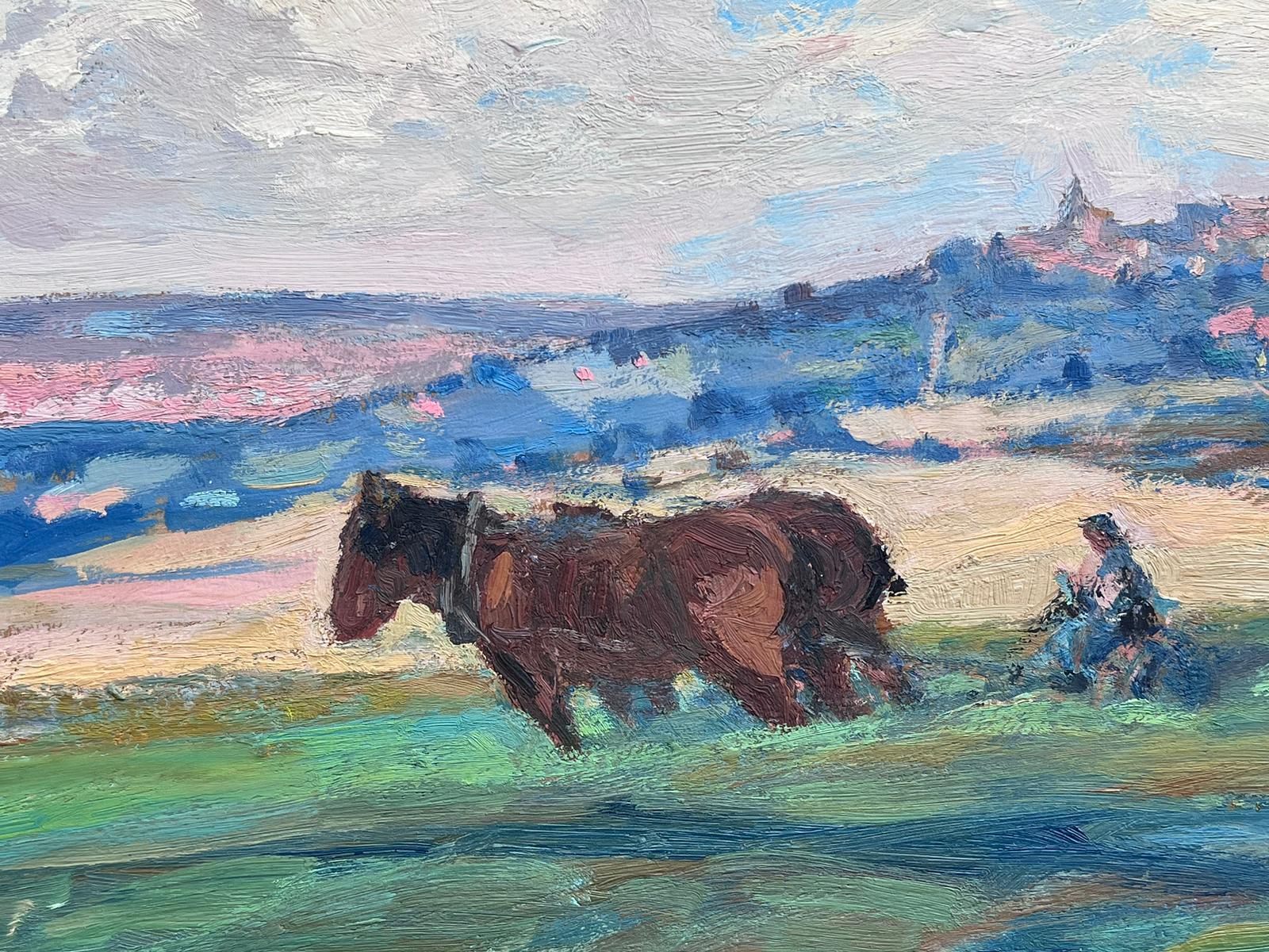 Vintage French Oil Painting Two Brown Horses Towing Farmer On Roller For Sale 2