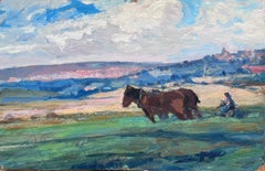 Peinture à l'huile française vintage Deux chevaux Brown tractant un fermier sur rouleau