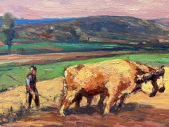 Vintage French Oil Painting Two Cows In Golden Field