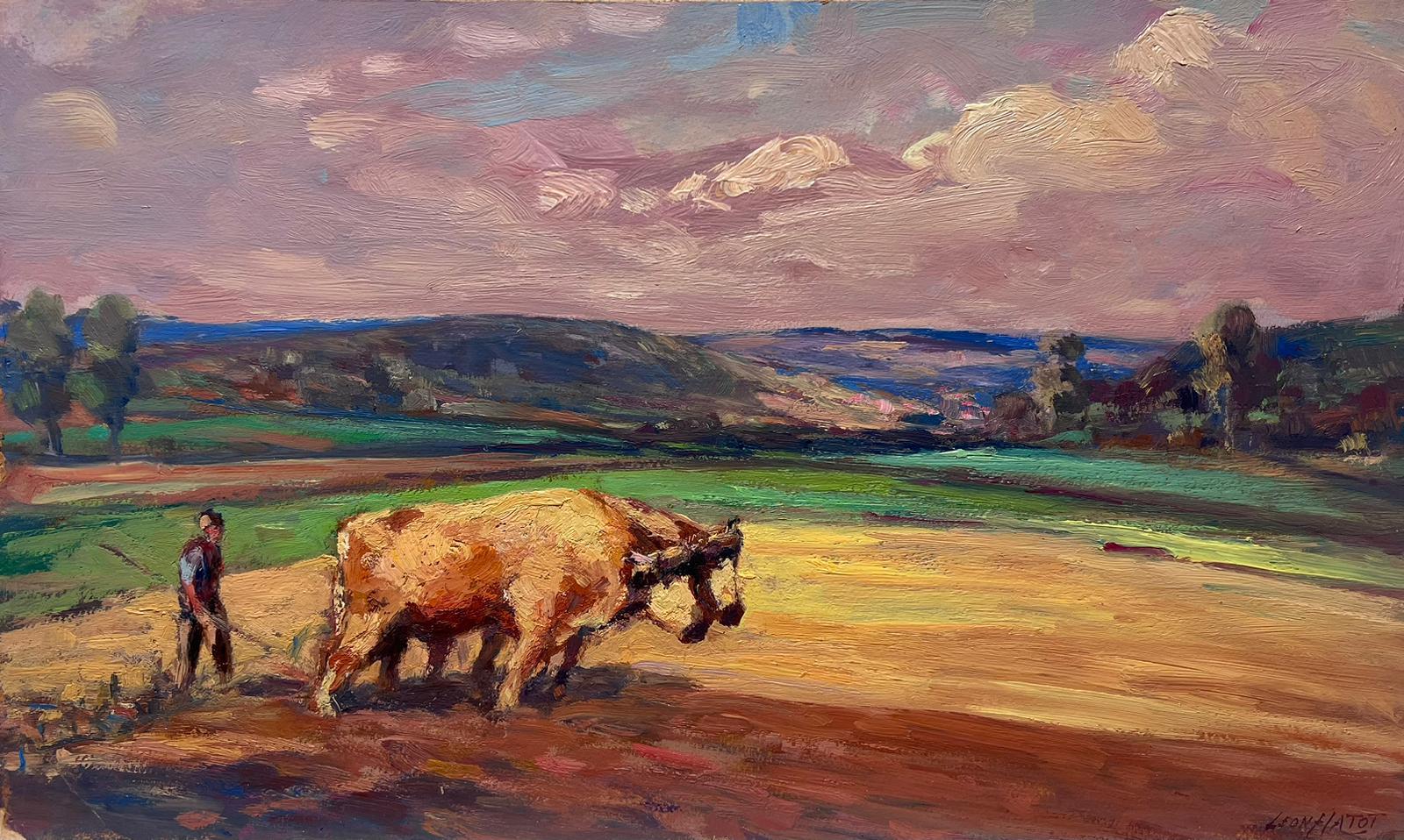 Vintage French Oil Painting Two Cows In Golden Field