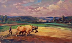 Vintage French Oil Painting Two Cows In Golden Field
