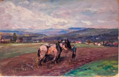 Vintage French Oil Painting Two Horses Wading Through The Muddy Path