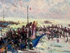 Vintage French Oil Painting Waving Of The Sailors Gathering