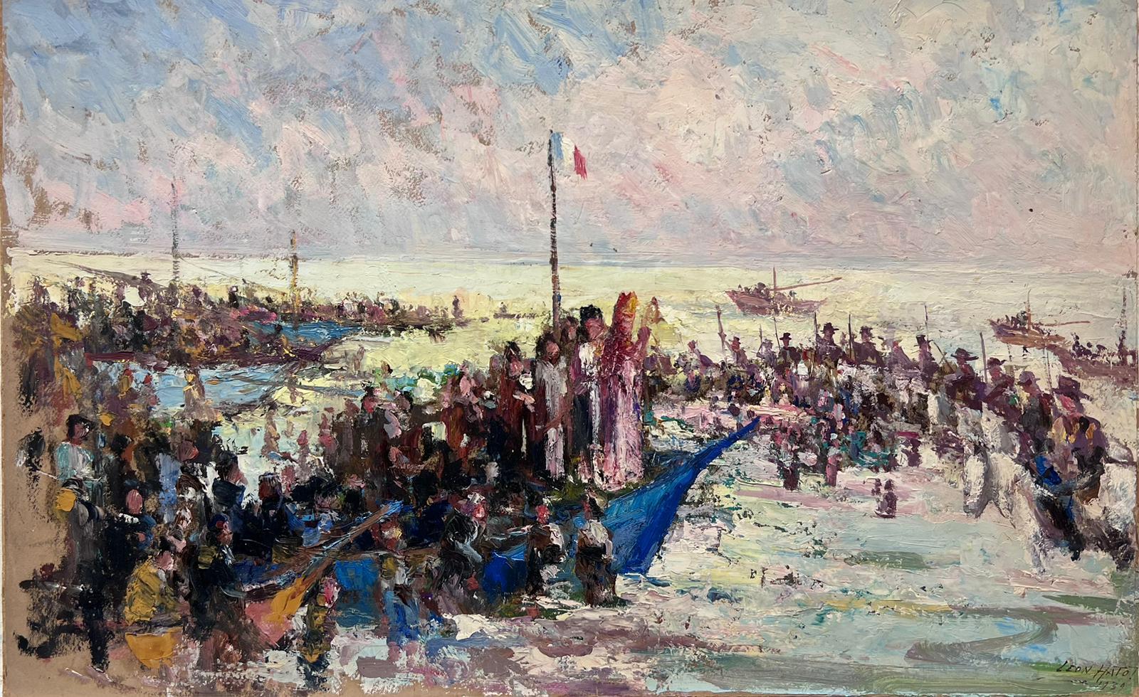 Leon Hatot Landscape Painting - Vintage French Oil Painting Waving Of The Sailors Gathering 