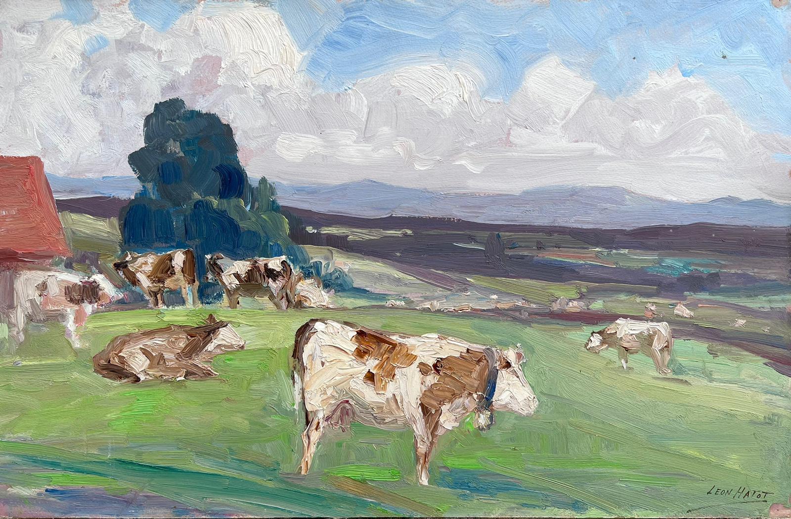Leon Hatot Animal Painting - Vintage French Oil Painting White and Brown Cows Munching On Grass
