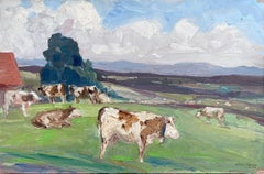 Peinture à l'huile française vintage vaches blanches et brunes mangeant de l'herbe