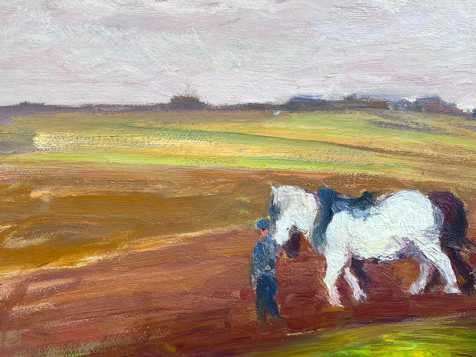 Pintura al óleo francesa vintage Caballo blanco arando un campo otoñal en un paisaje - Painting de Leon Hatot