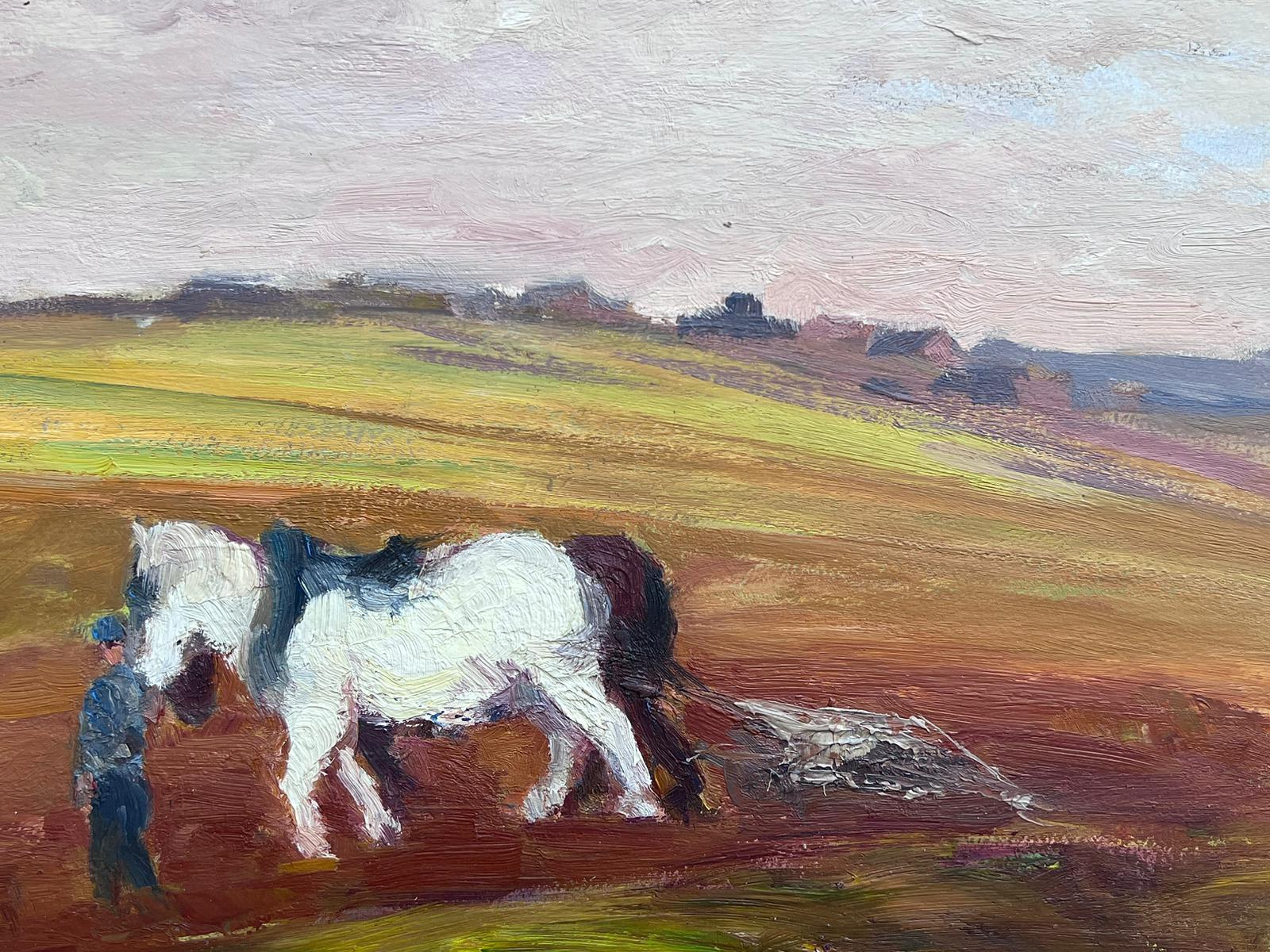 Pintura al óleo francesa vintage Caballo blanco arando un campo otoñal en un paisaje - Painting Impresionista de Leon Hatot