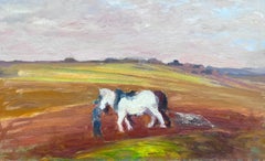 Französisches Vintage-Ölgemälde, Ölgemälde, Weißes Pferd, das Herbstfeld in Landschaft