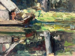 Französisches Ölgemälde „Holz Lodge Alongside The Lake“, Vintage