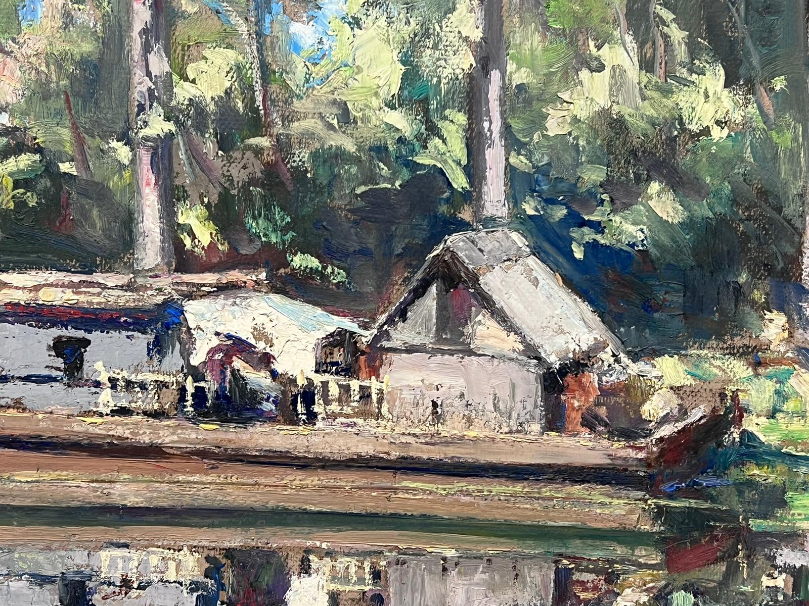 Vintage French Oil Painting Wood Lodge Alongside The Lake For Sale 2