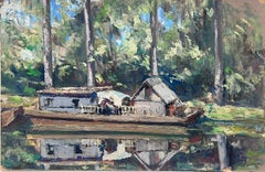 Pintura al óleo francesa vintage Cabaña de madera junto al lago